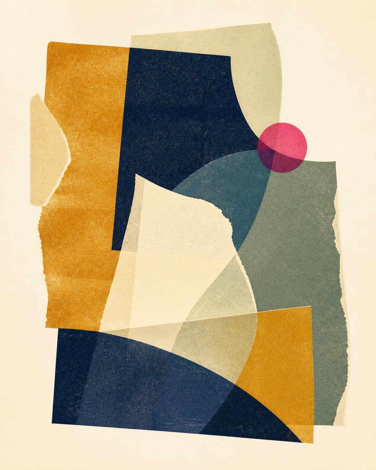 Editorial collage of layered paper shapes in navy, amber and sage, representing Aligaloo’s strategy, brand and product work