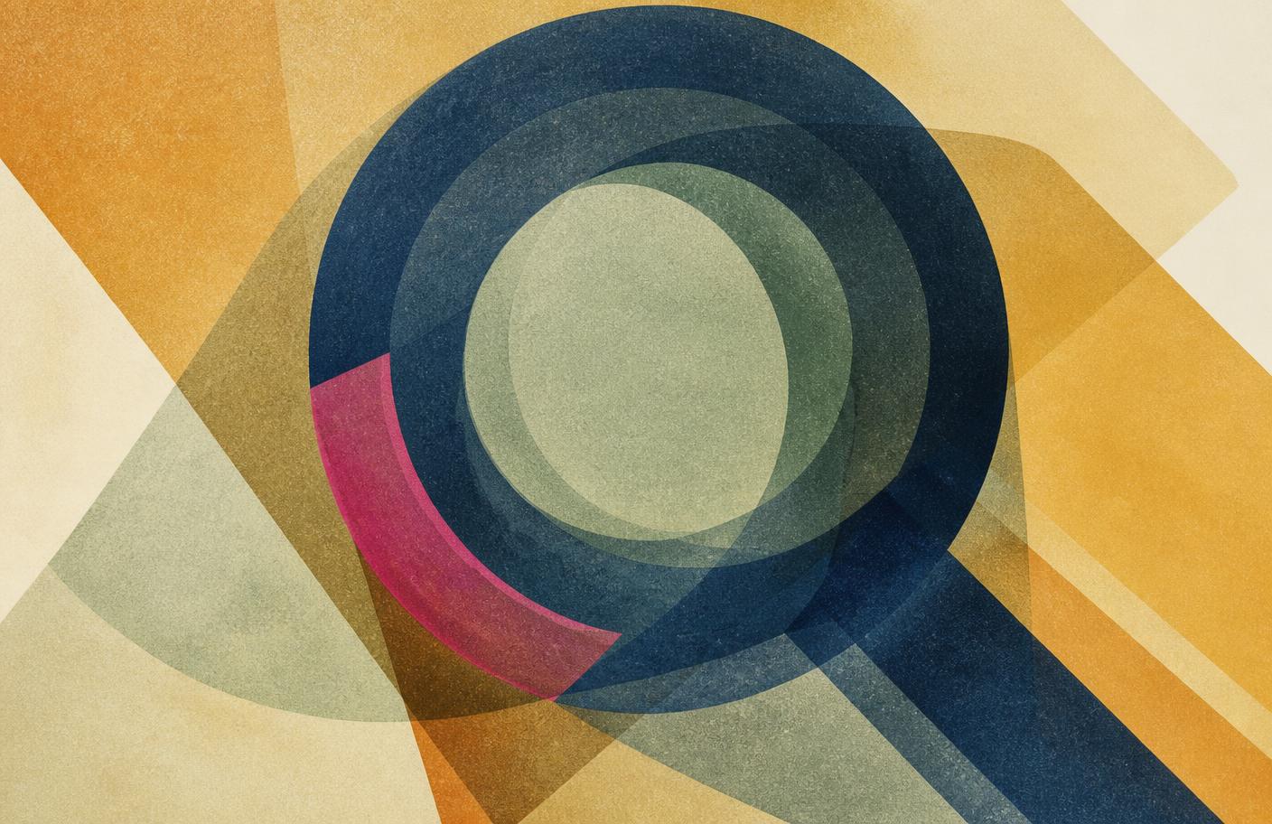 Collage of a camera lens motif in navy, sage and amber, illustrating how Aligaloo looks closely at what already exists in a business